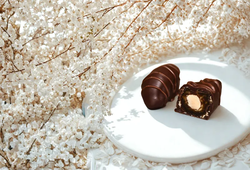 datte chocolat noir maison dattier posée sur un plateau