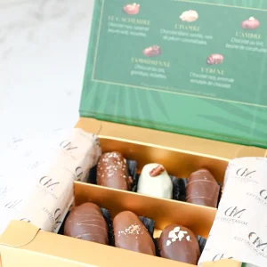 Coffret Découverte Maison Dattier ouvert : 6 dattes fourrées et enrobées de chocolat